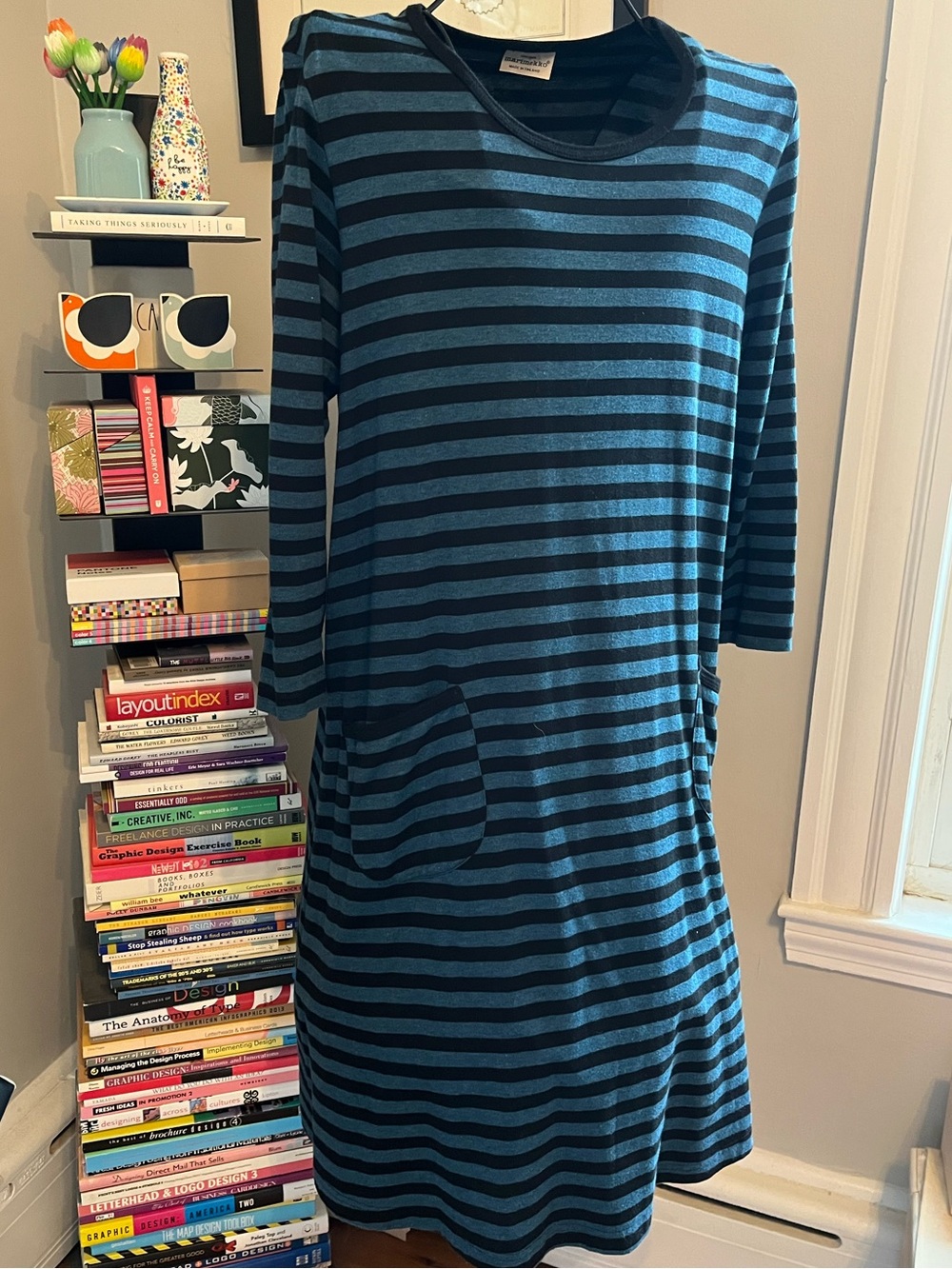 Marimekko Teal and Black Striped Midi Dress